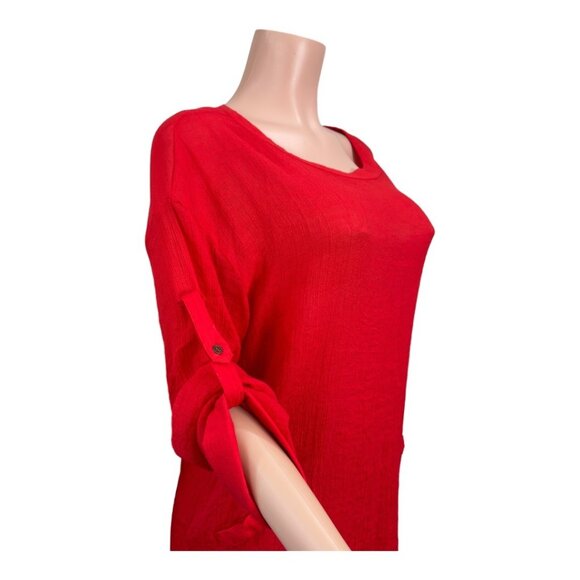 Umgee Women SZ M- Red Woven Knit Top Tunic Pullover Roll Tap Sleeve Faux Pockets - Picture 9 of 15